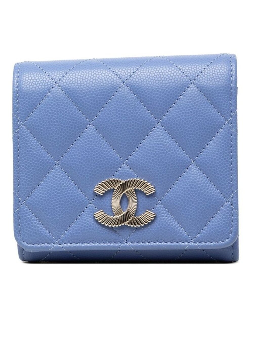 Chanel CC Logo Quilted Trifold Wallet Blue Caviar Leather